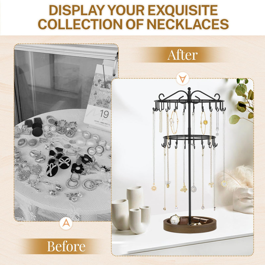 iDavosic.ly 2 Tier Rotating Necklace Holder Organizer with Wooden Jewelry Tray, Adjustable Metal Bracelet Display Stand with 42 Hooks, Extra Tall Keychain Spinning Tree Tower for Women, Black