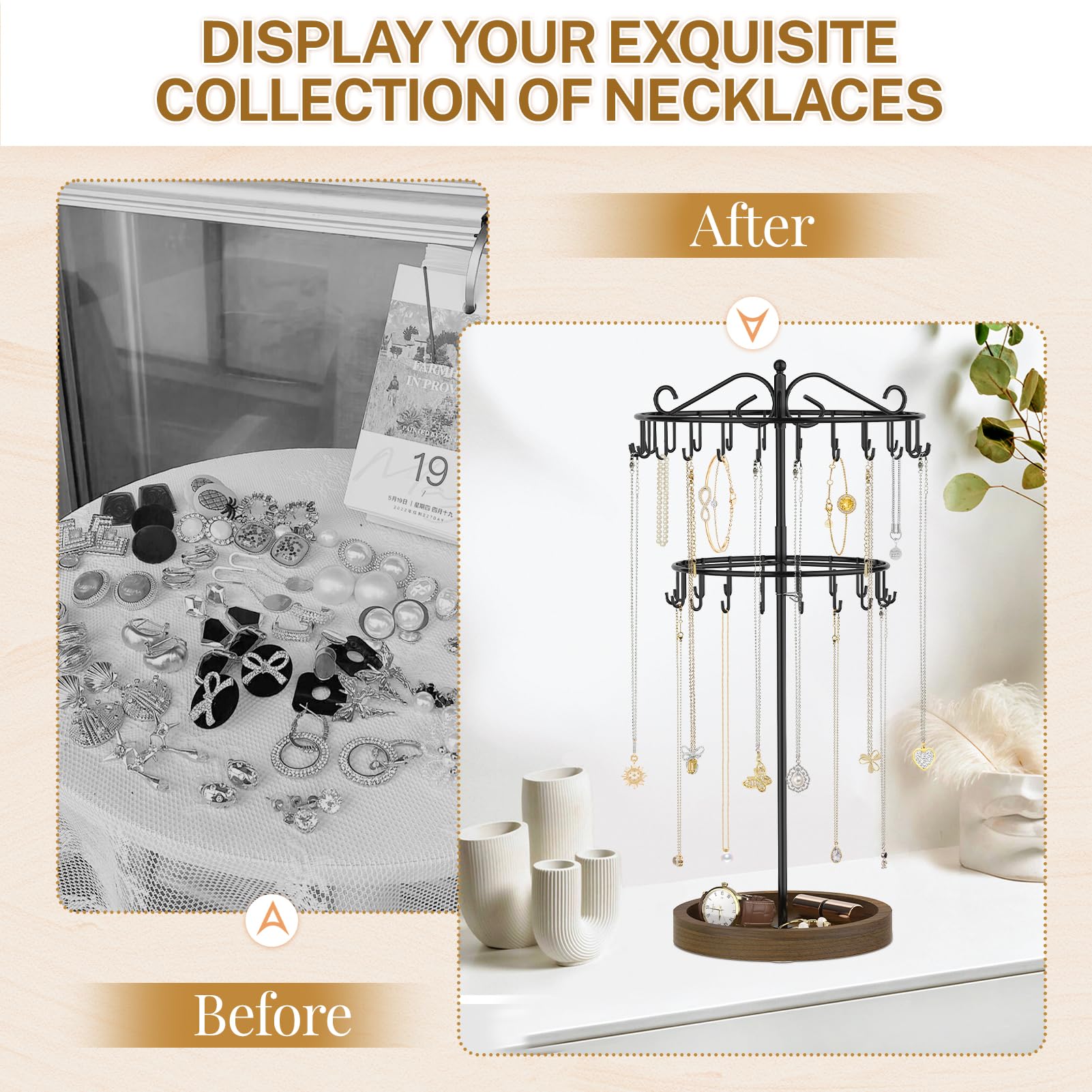 iDavosic.ly 2 Tier Rotating Necklace Holder Organizer with Wooden Jewelry Tray, Adjustable Metal Bracelet Display Stand with 42 Hooks, Extra Tall Keychain Spinning Tree Tower for Women, Black