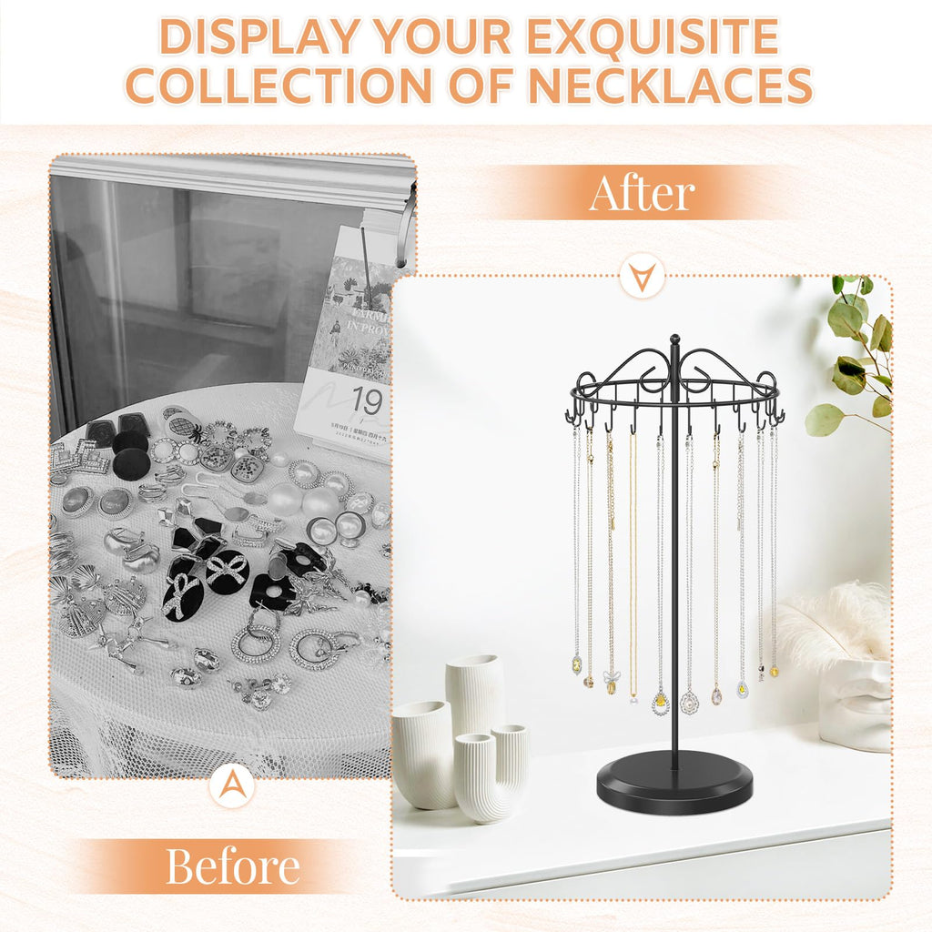 iDavosic.ly Rotating Necklace Holder Organizer with 24 Hooks, Adjustable Metal Bracelet Display Stand Rack, Extra Tall Keychain Spinning Tree Tower for Women, Black