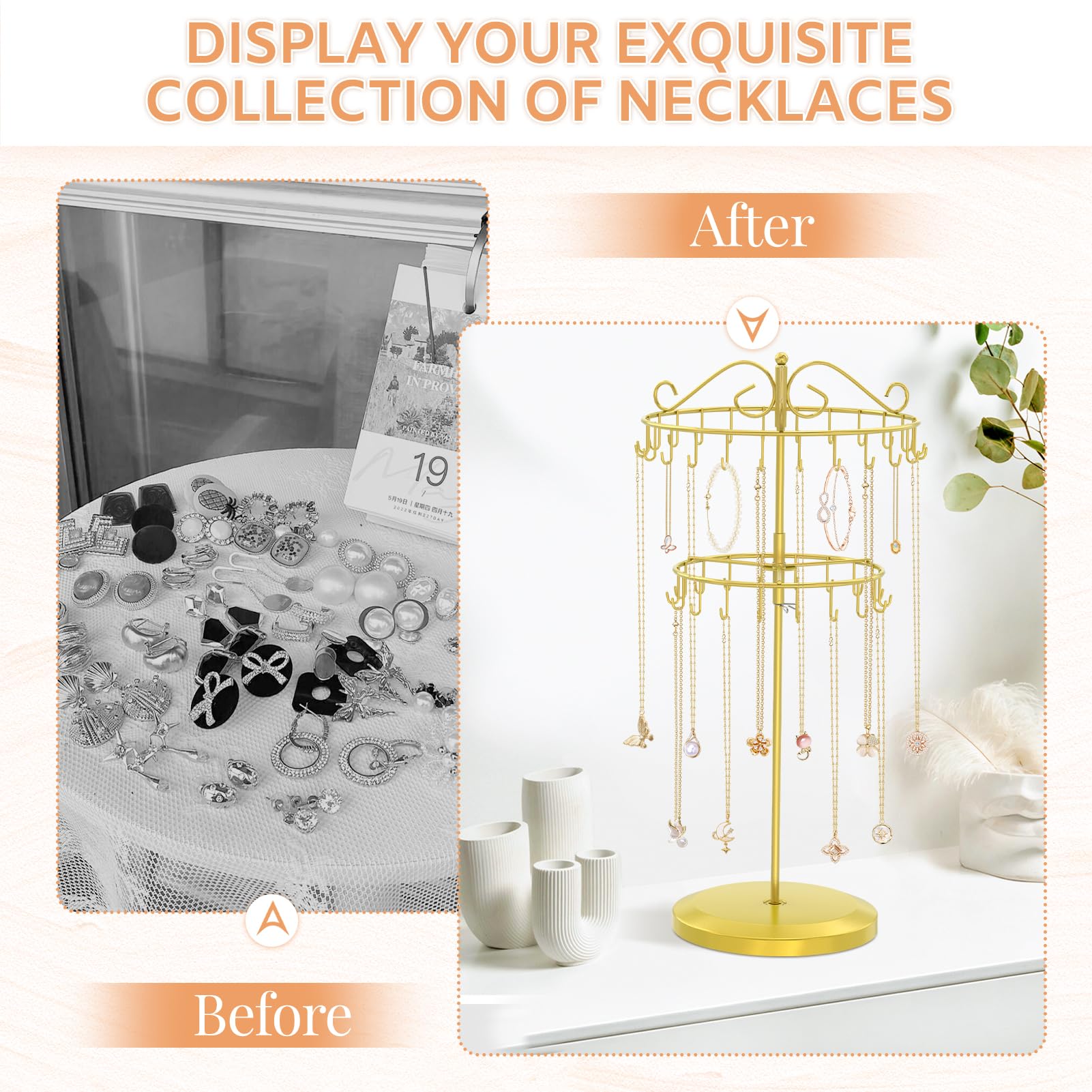 iDavosic.ly 2 Tier Rotating Necklace Holder Organizer with 42 Hooks, Adjustable Metal Bracelet Display Stand Rack, Extra Tall Keychain Spinning Tree Tower for Women, Gold