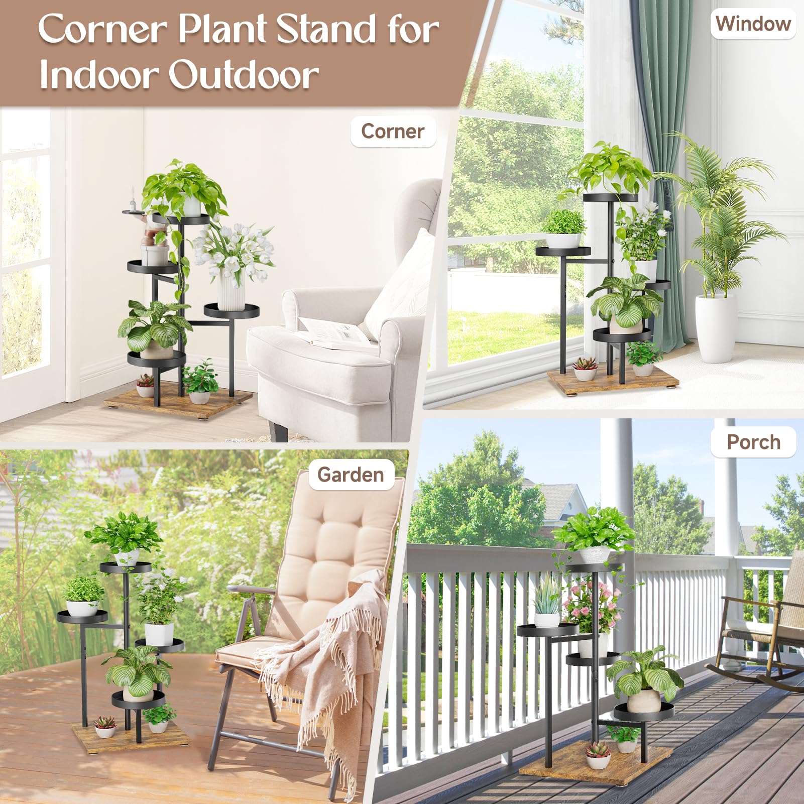 iDavosic.ly Plant Stand Indoor Outdoor Set of 2, 3 Tiered Metal Corner Flower Holder Shelf and 4 Layer Wrought Iron Orchid Display Rack for Patio Porch Garden Balcony Office Living Room