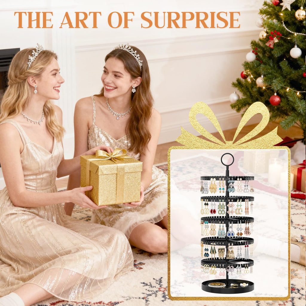 iDavosic.ly 5 Tier Rotating Earring Holder Organizer with Metal Tray, Adjustable Plastic Dangle Display Stands Tree with 285 Grooves, Large Hoop Storage Rack Tower, Black