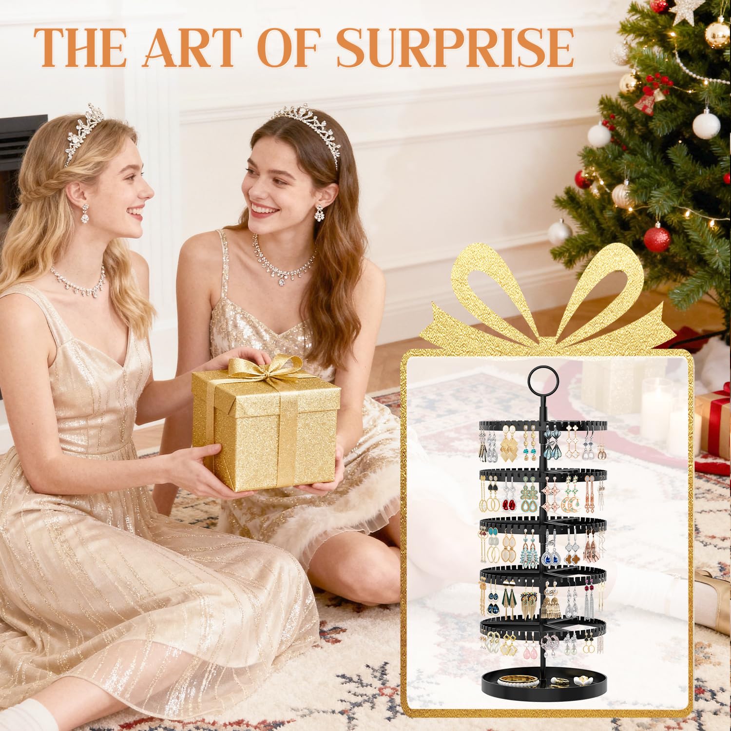 iDavosic.ly 5 Tier Rotating Earring Holder Organizer with Metal Tray, Adjustable Plastic Dangle Display Stands Tree with 285 Grooves, Large Hoop Storage Rack Tower, Black