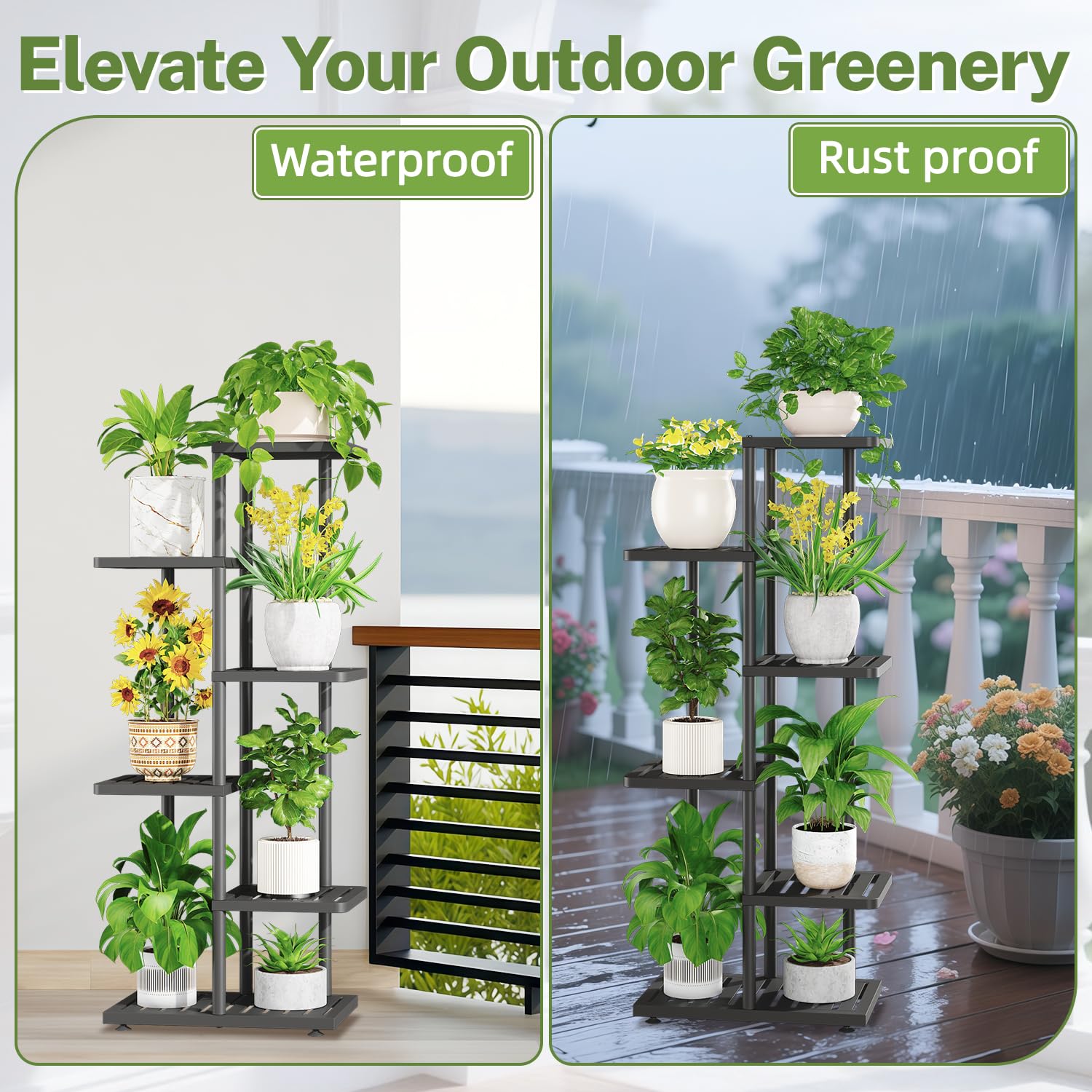 iDavosic.ly Plant Stand with Grow Light Indoor Outdoor, 5-Tier Tall Metal Flower Shelf for Heavy-Duty Large Planters, Corner Orchid Display Rack for Living Room Balcony Patio Porch, Modern Black