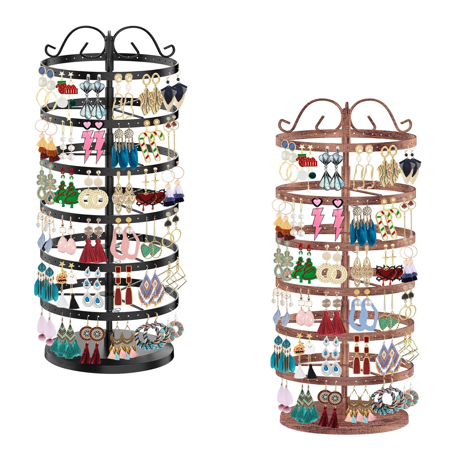 iDavosic.ly 6 Tier Metal Rotating Earring Holder Organizer 2 Pack, 264 Holes Large Stud Storage Display Stands Tree Rack, Adjustable Pierced Hoop Dangle Tower for Women, Black and Bronze