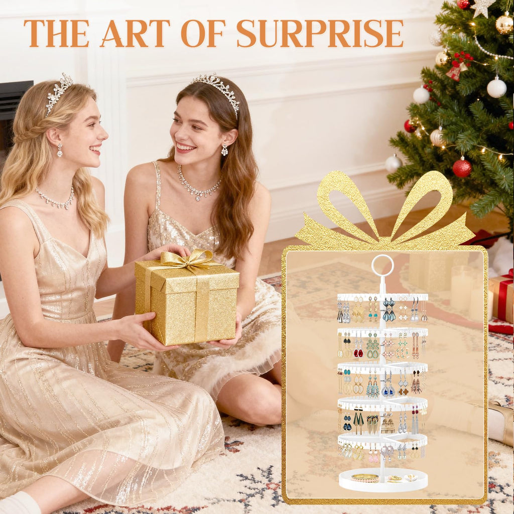 iDavosic.ly 5 Tier Rotating Earring Holder Organizer with Metal Tray, Adjustable Plastic Dangle Display Stands Tree with 285 Grooves, Large Hoop Storage Rack Tower, White