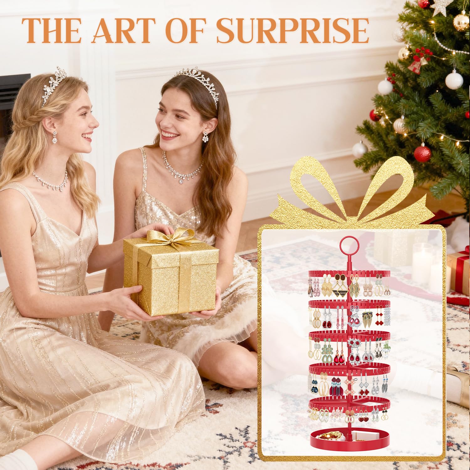 iDavosic.ly 5 Tier Rotating Earring Holder Organizer with Metal Tray, Adjustable Plastic Dangle Display Stands Tree with 285 Grooves, Large Hoop Storage Rack Tower, Red