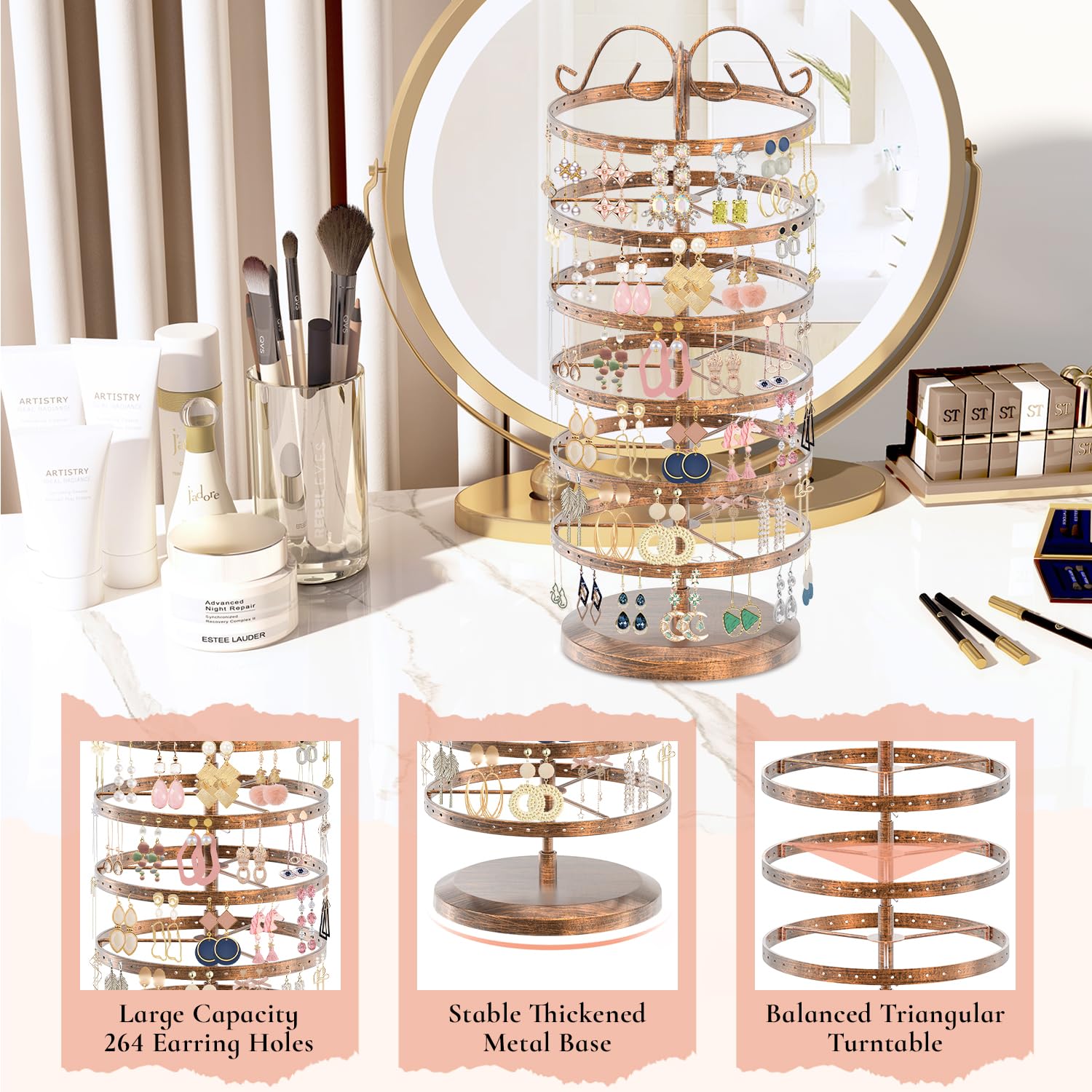 iDavosic.ly 6 Tier Metal Rotating Earring Holder Organizer, 264 Holes Large Stud Storage Display Stands Tree Rack, Adjustable Pierced Hoop Dangle Tower for Women, Bronze