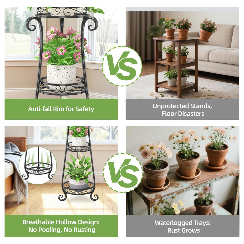 iDavosic.ly Metal Plant Stand Indoor Outdoor Set of 2, 3 Tiered Corner Flower Holder Shelf and 6 Layer Vertical Rolling Rack for Large Pots Modern Black