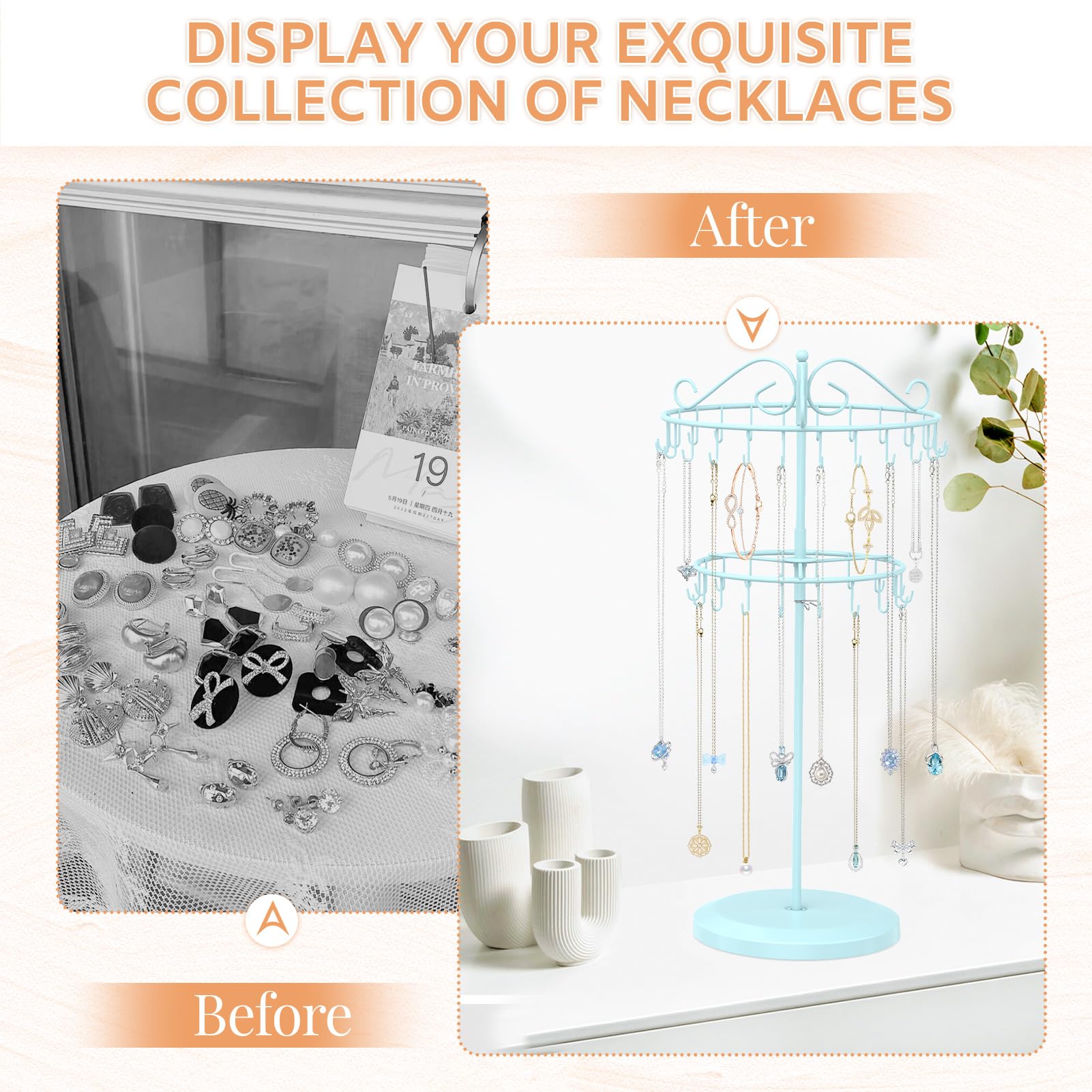 iDavosic.ly 2 Tier Rotating Necklace Holder Organizer with 42 Hooks, Adjustable Metal Bracelet Display Stand Rack, Extra Tall Keychain Spinning Tree Tower for Women, Blue