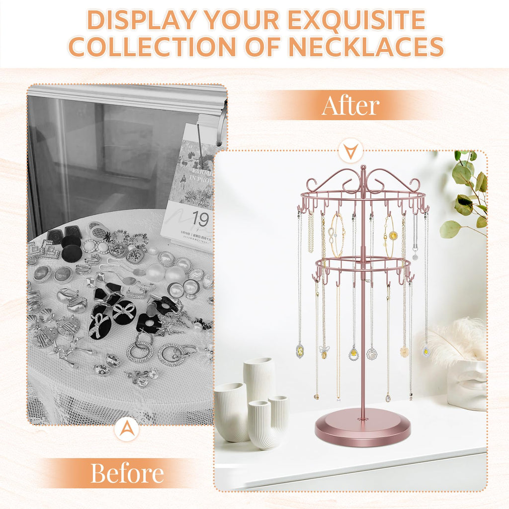 iDavosic.ly 2 Tier Rotating Necklace Holder Organizer with 42 Hooks, Adjustable Metal Bracelet Display Stand Rack, Extra Tall Keychain Spinning Tree Tower for Women, Rose Gold