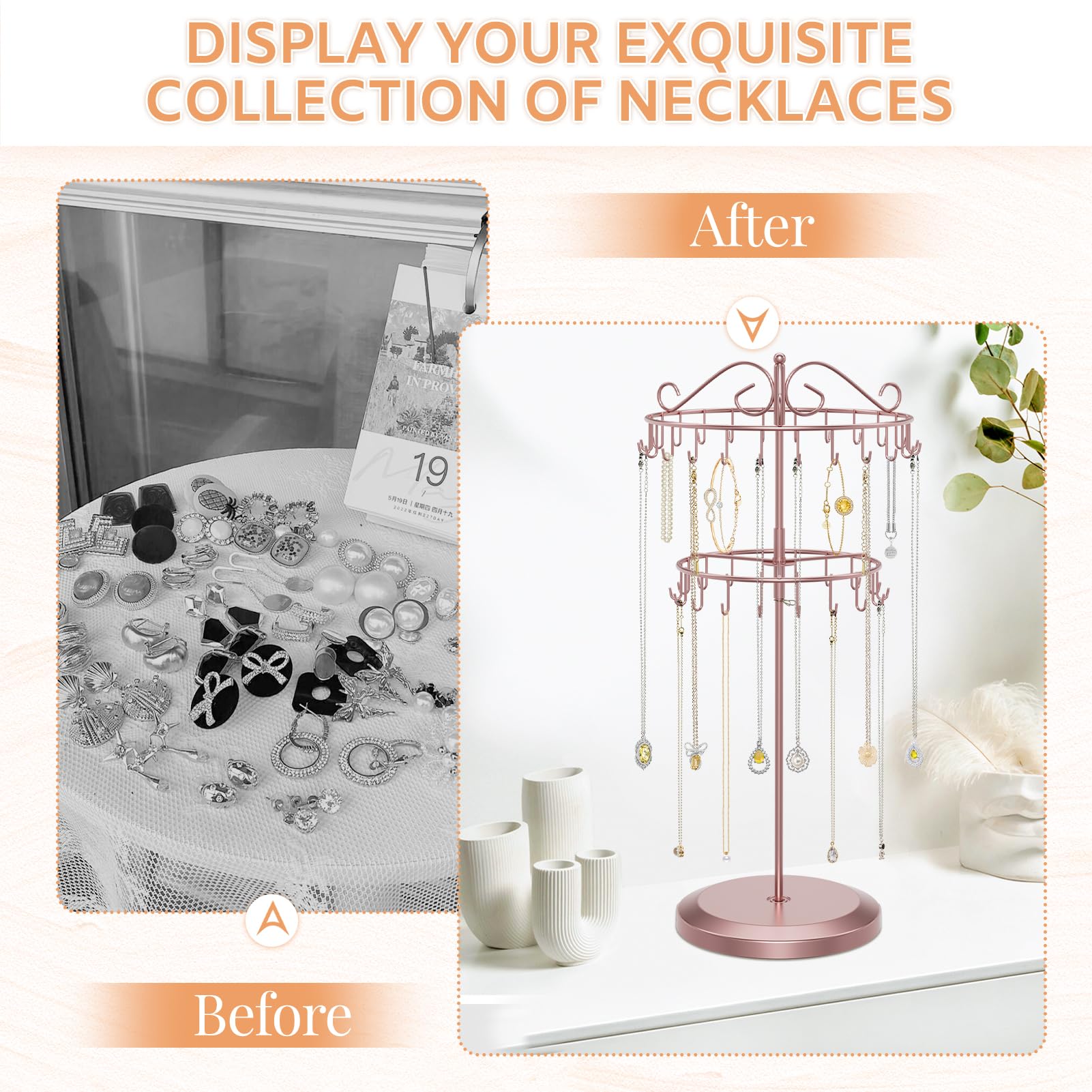 iDavosic.ly 2 Tier Rotating Necklace Holder Organizer with 42 Hooks, Adjustable Metal Bracelet Display Stand Rack, Extra Tall Keychain Spinning Tree Tower for Women, Rose Gold
