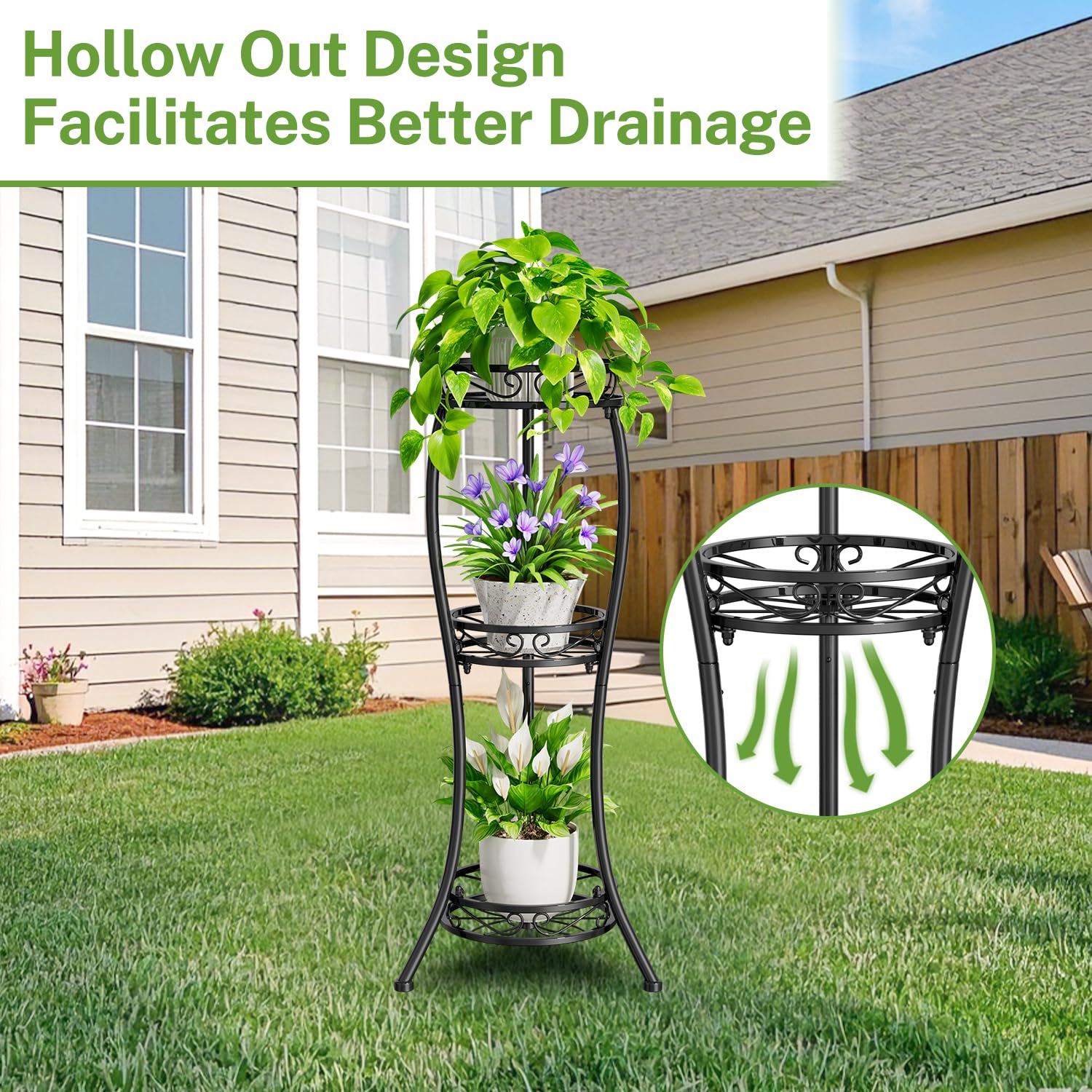 iDavosic.ly 3 Tier Plant Stand Indoor Outdoor Set of 2, 34 Inch Tall Wrought Iron Multiple Flower Display Rack and Metal Wood Corner Orchid Pot Holder Shelf for Patio Porch Living Room Balcont, Black