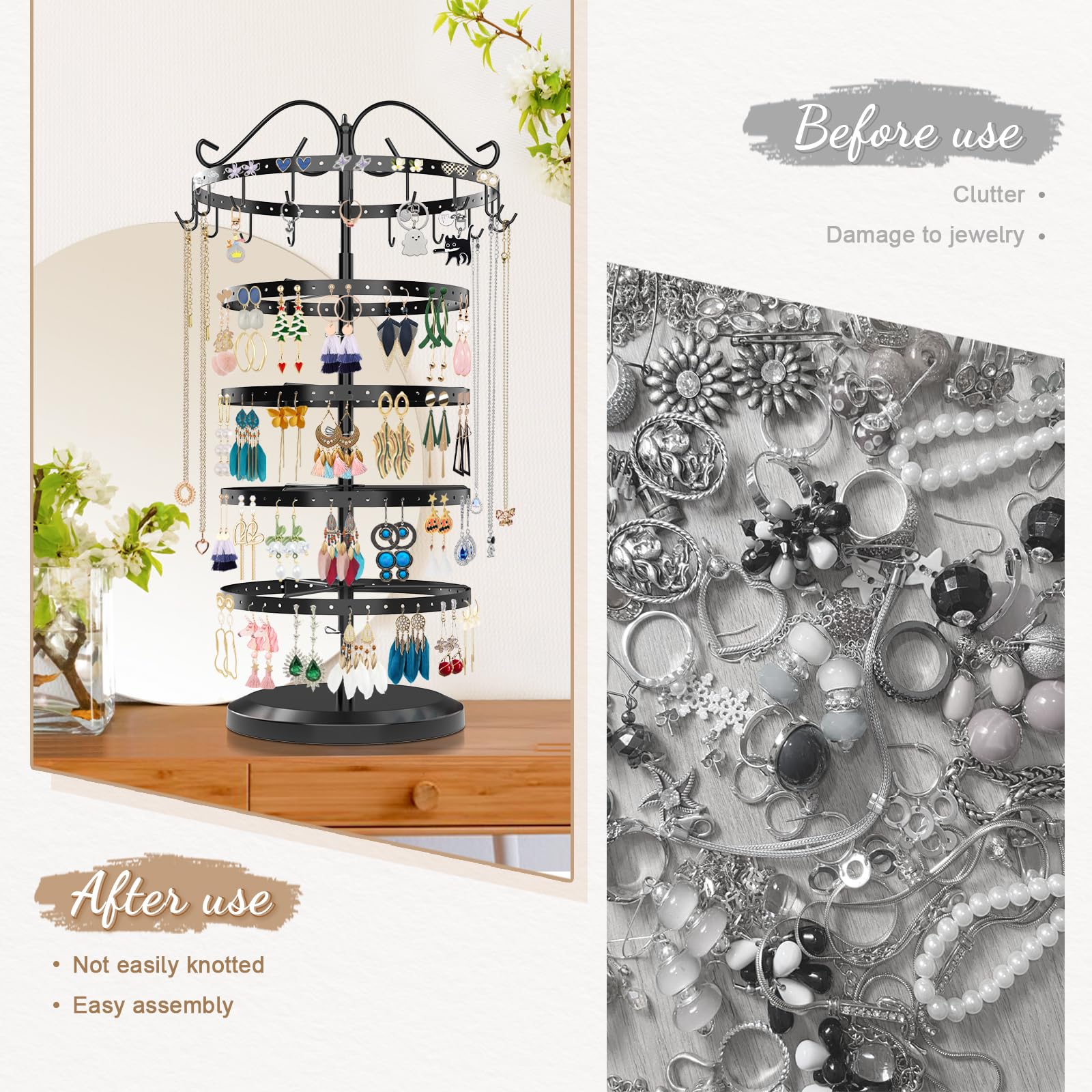 iDavosic.ly 5 Tier Earring Holder Organizer, Rotating Earring Holder Stand with 17 Hooks, Metal Adjustable Large Earring Tree Necklace Display Rack (Black)