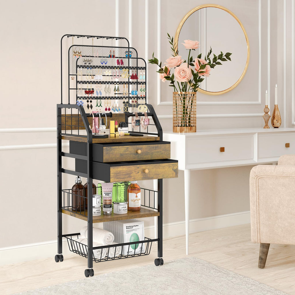 iDavosic.ly Large Jewelry Holder Organizer with 2 Box Drawer, Metal Earring Stand with 2 Storage Basket, Necklace Bracelet Ring Display Armoire, Black and Brown