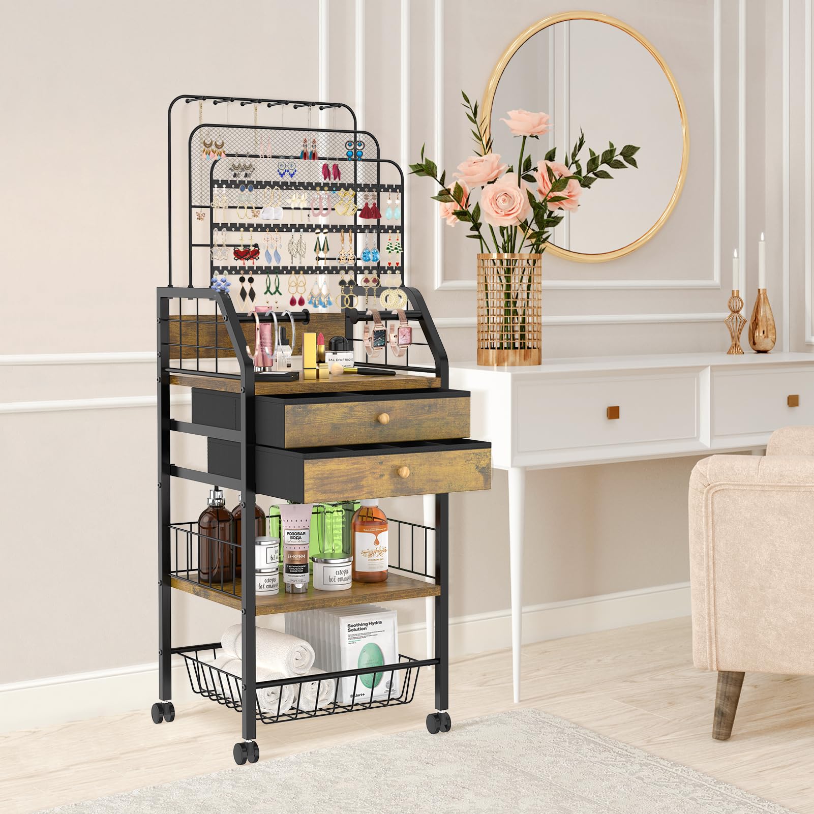 iDavosic.ly Large Jewelry Holder Organizer with 2 Box Drawer, Metal Earring Stand with 2 Storage Basket, Necklace Bracelet Ring Display Armoire, Black and Brown