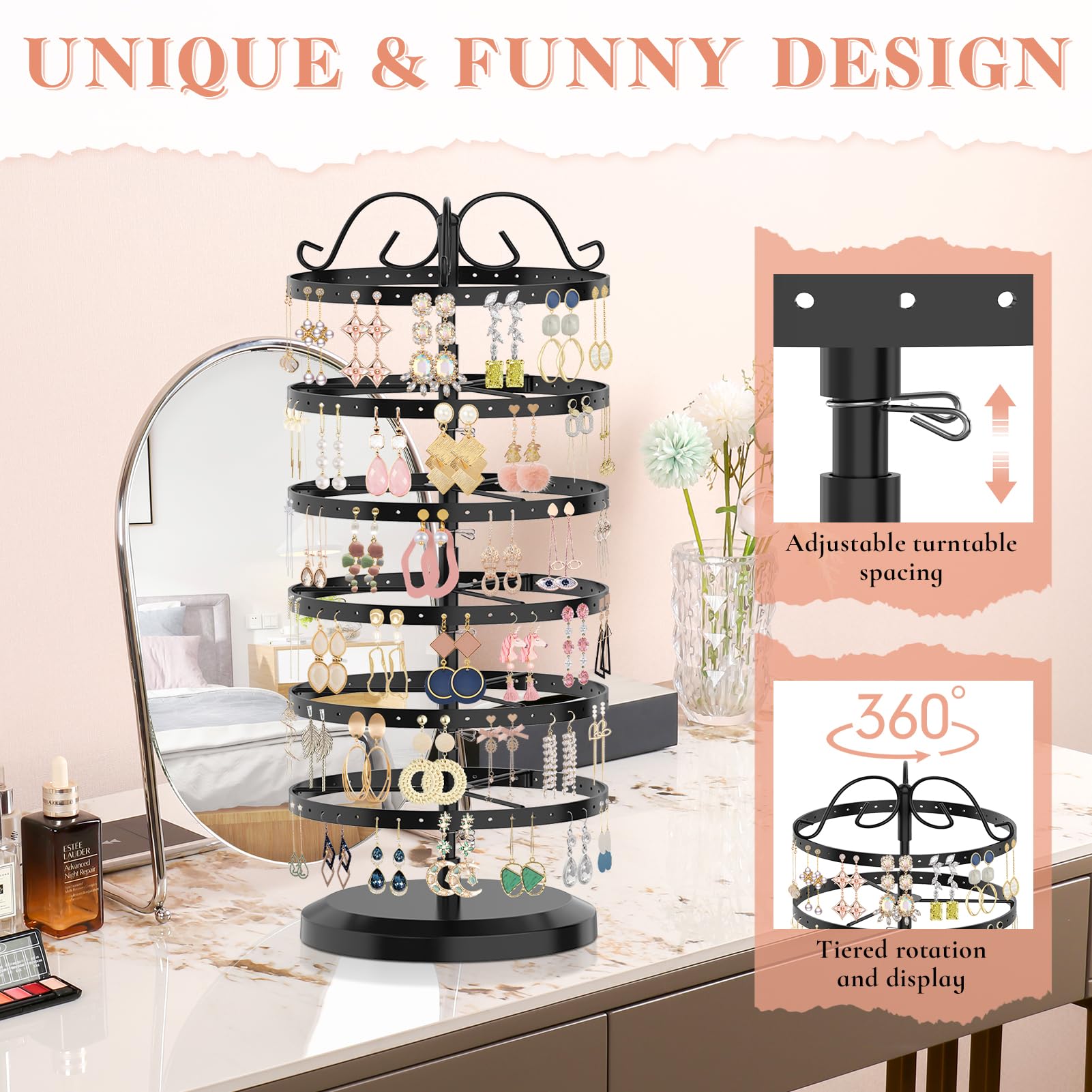 iDavosic.ly 6 Tier Metal Rotating Earring Holder Organizer 2 Pack, 264 Holes Large Stud Storage Display Stands Tree Rack, Adjustable Pierced Hoop Dangle Tower for Women, Black and Pink