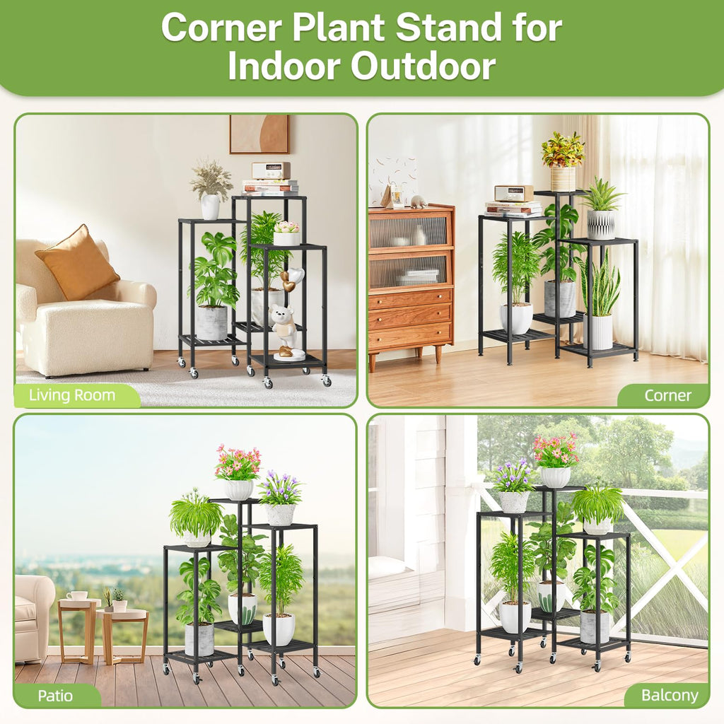 iDavosic.ly 2 Pack Plant Stand Indoor Outdoor, 6 Tier 11 Inch Wide Flower Pot Holder Shelf with Wheels and 5 Layer Foldable Metal Plastic Orchid Display Rack for Patio Garden Window Balcony, Black