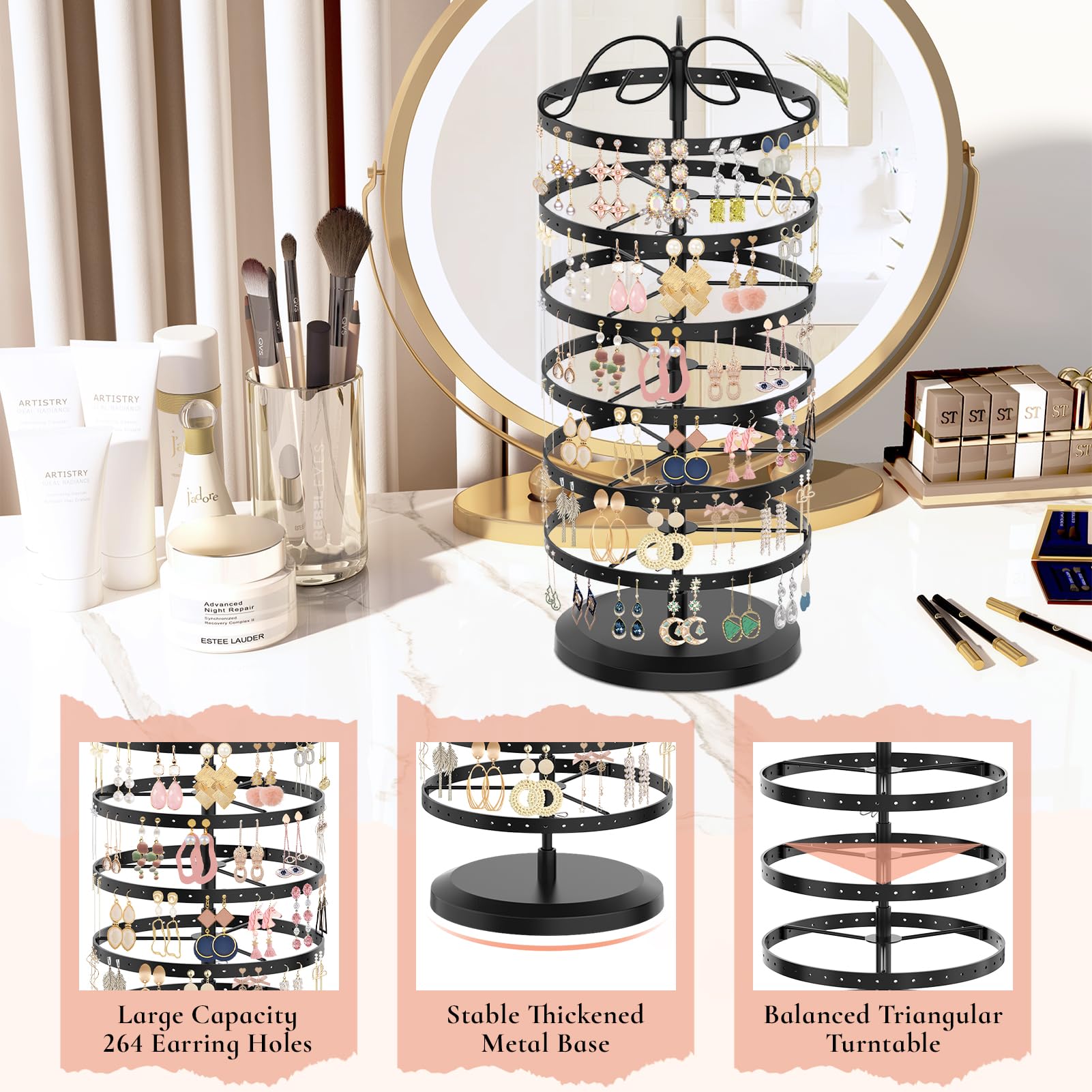 iDavosic.ly 6 Tier Metal Rotating Earring Holder Organizer, 264 Holes Large Stud Storage Display Stands Tree Rack, Adjustable Pierced Hoop Dangle Tower for Women, Black