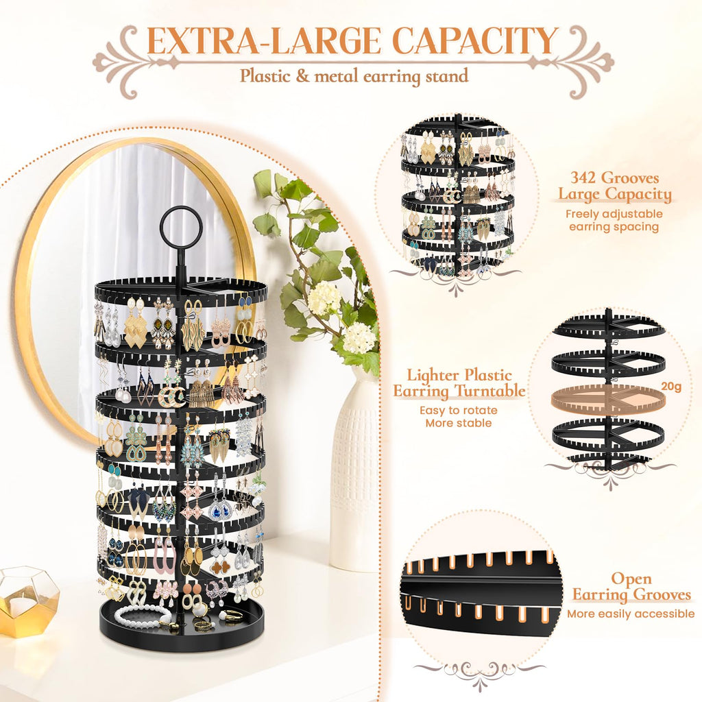 iDavosic.ly 2 Tier Metal Rotating Necklace Holder Organizer and 5 Layer Plastic Adjustable Earring Display Stand Rack with Iron Tray, Bracelet Keychain Spinning Tree Tower for Women Girl, White Black