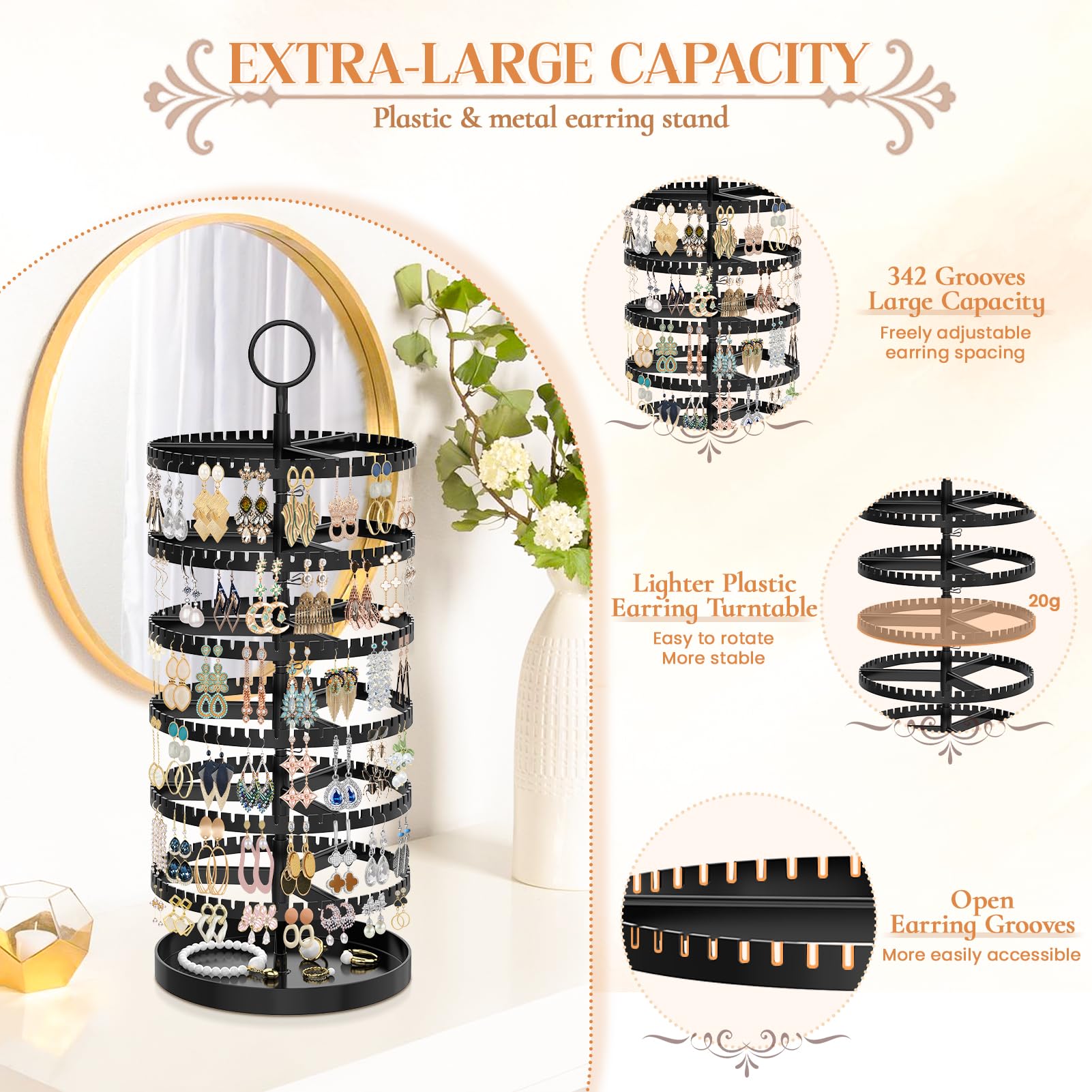 iDavosic.ly 2 Tier Metal Rotating Necklace Holder Organizer and 5 Layer Plastic Adjustable Earring Display Stand Rack, Extra Tall Bracelet Keychain Spinning Tree Tower for Women, Black