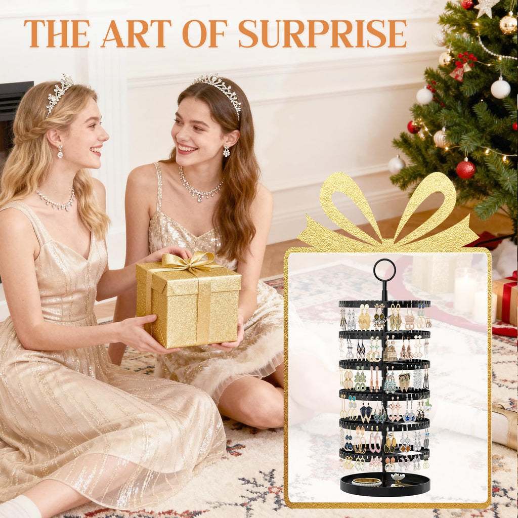 iDavosic.ly 6 Tier Rotating Earring Holder Organizer with Metal Tray, Adjustable Plastic Dangle Display Stands Tree with 342 Grooves, Large Hoop Storage Rack Tower, Black