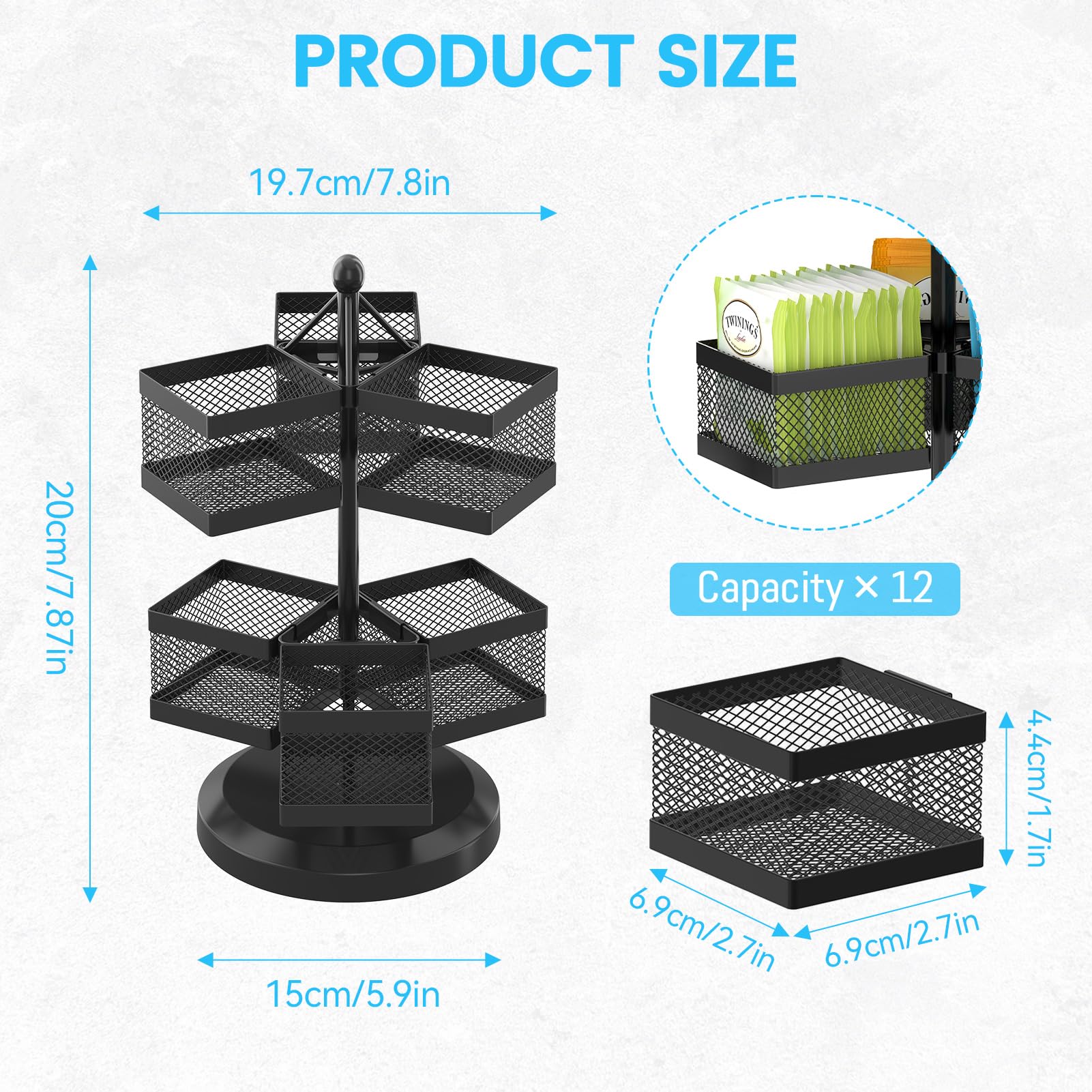 iDavosic.ly 2 Tier Tea Bag Organizer, Packet Storage Holder Spinning Carousel With 6 Compartments, Rotating Metal Caddy for Kitchen Counter Cabinet, Up to 72 Teabags Storage, Black