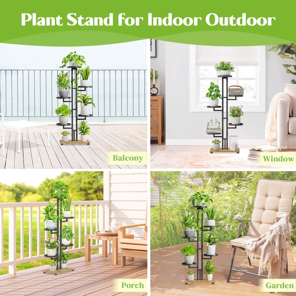 iDavosic.ly 2 Pack Plant Stand Indoor Outdoor, 6 Tier Metal Tall Corner Shelf and 5 Layer Foldable Plastic Flower Pot Display Holder Rack for Patio Living Room Garden Balcony Bedroom, Black
