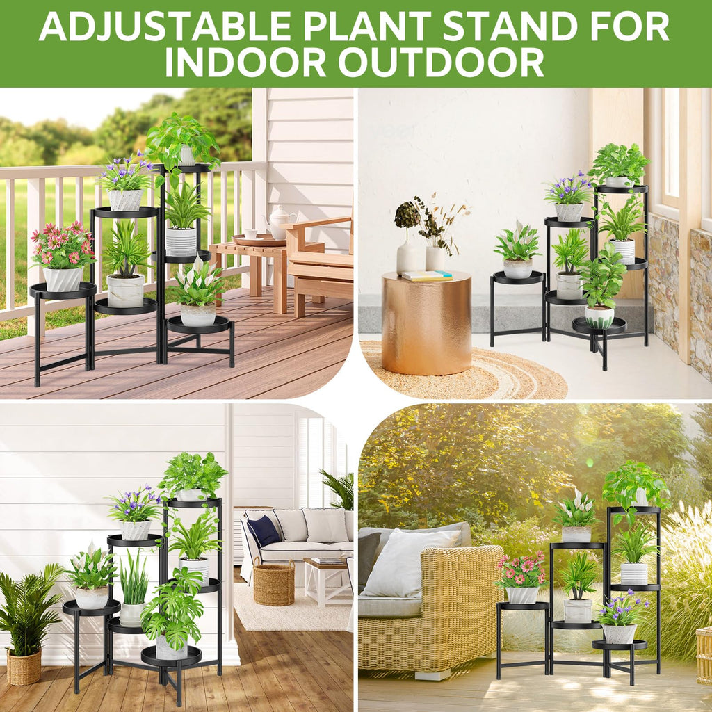 iDavosic.ly 2 Pack Black Foldable Plant Stand Indoor Outdoor, 6 Tier Large Corner Flower Pot Holders and 5 Layer Metal Plastic Tall Orchid Display Rack for Window Porch Garden Balcony Patio