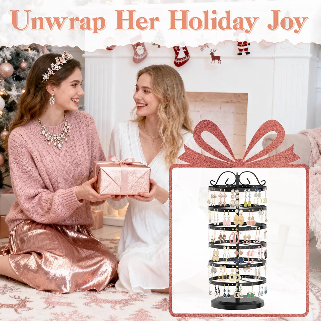 iDavosic.ly Earring Holder Organizer Set of 2, Large Dangle Display Stands Tree with 342 Plastic Grooves and Wooden Base and 6 Tier Metal Adjustable Hoop Storage Rack Tower for Women