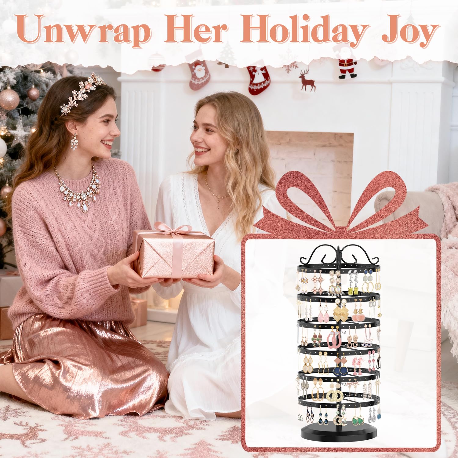 iDavosic.ly 6 Tier Metal Rotating Earring Holder Organizer, 264 Holes Large Stud Storage Display Stands Tree Rack, Adjustable Pierced Hoop Dangle Tower for Women, Black