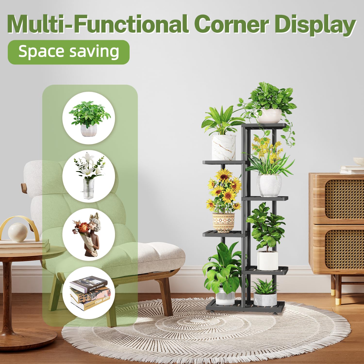 iDavosic.ly Plant Stand with Grow Light Indoor Outdoor, 5-Tier Tall Metal Flower Shelf for Heavy-Duty Large Planters, Corner Orchid Display Rack for Living Room Balcony Patio Porch, Modern Black
