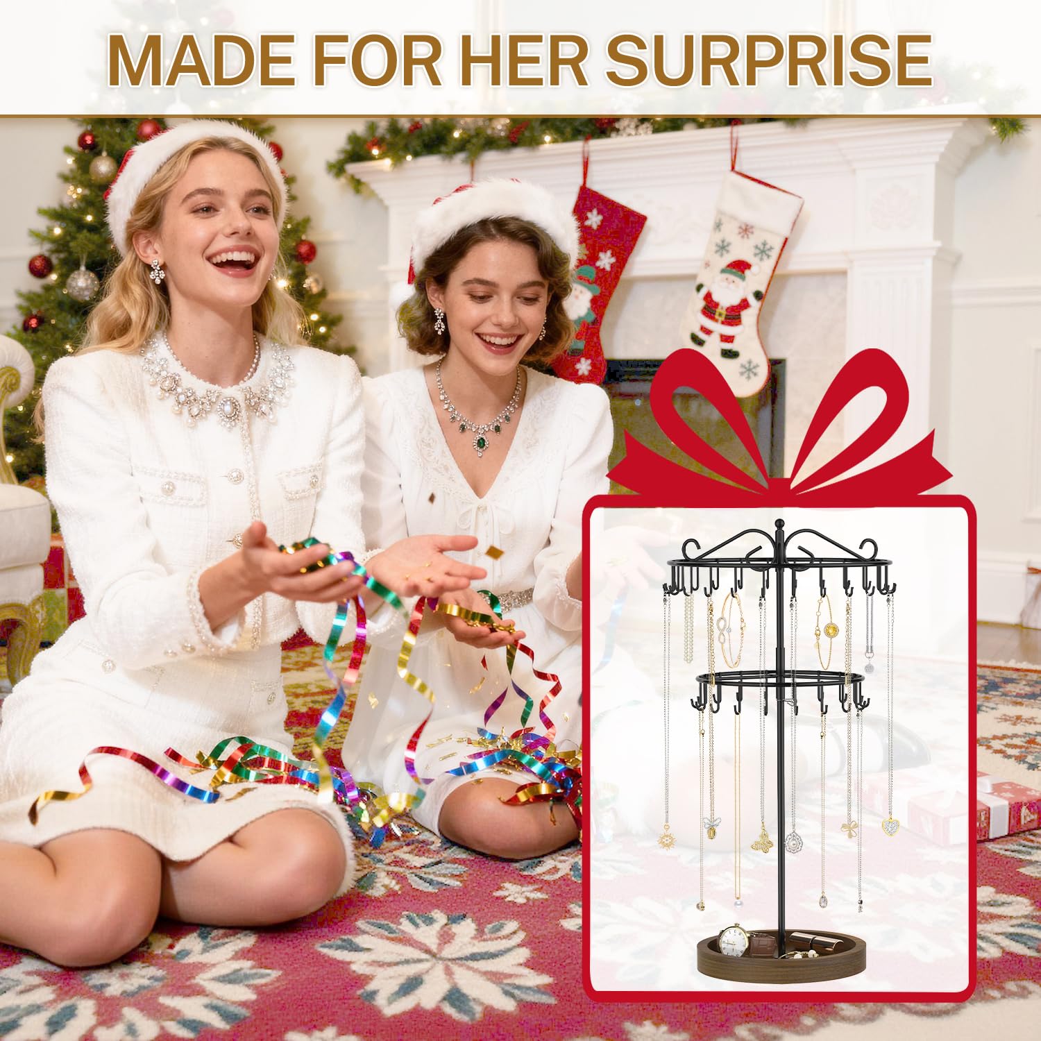 iDavosic.ly 2 Tier Rotating Necklace Holder Organizer with Wooden Jewelry Tray, Adjustable Metal Bracelet Display Stand with 42 Hooks, Extra Tall Keychain Spinning Tree Tower for Women, Black