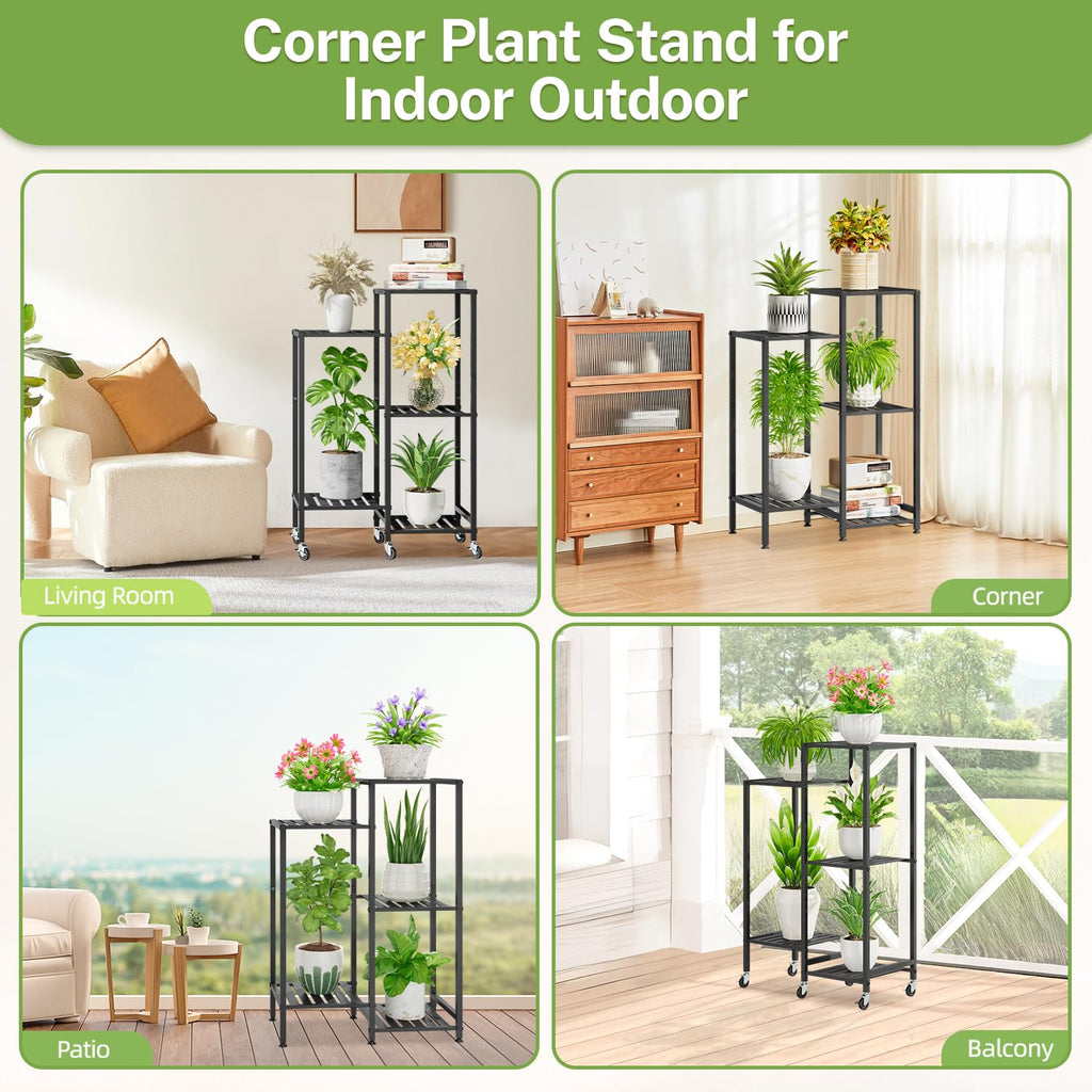 iDavosic.ly 5 Tier Plant Stand for Indoor Outdoor 2 Pack, Flower Holder Shelf with Wheels and Metal Plastic Tall Orchid Display Rack for Patio Porch Living Room Garden Balcony, Black
