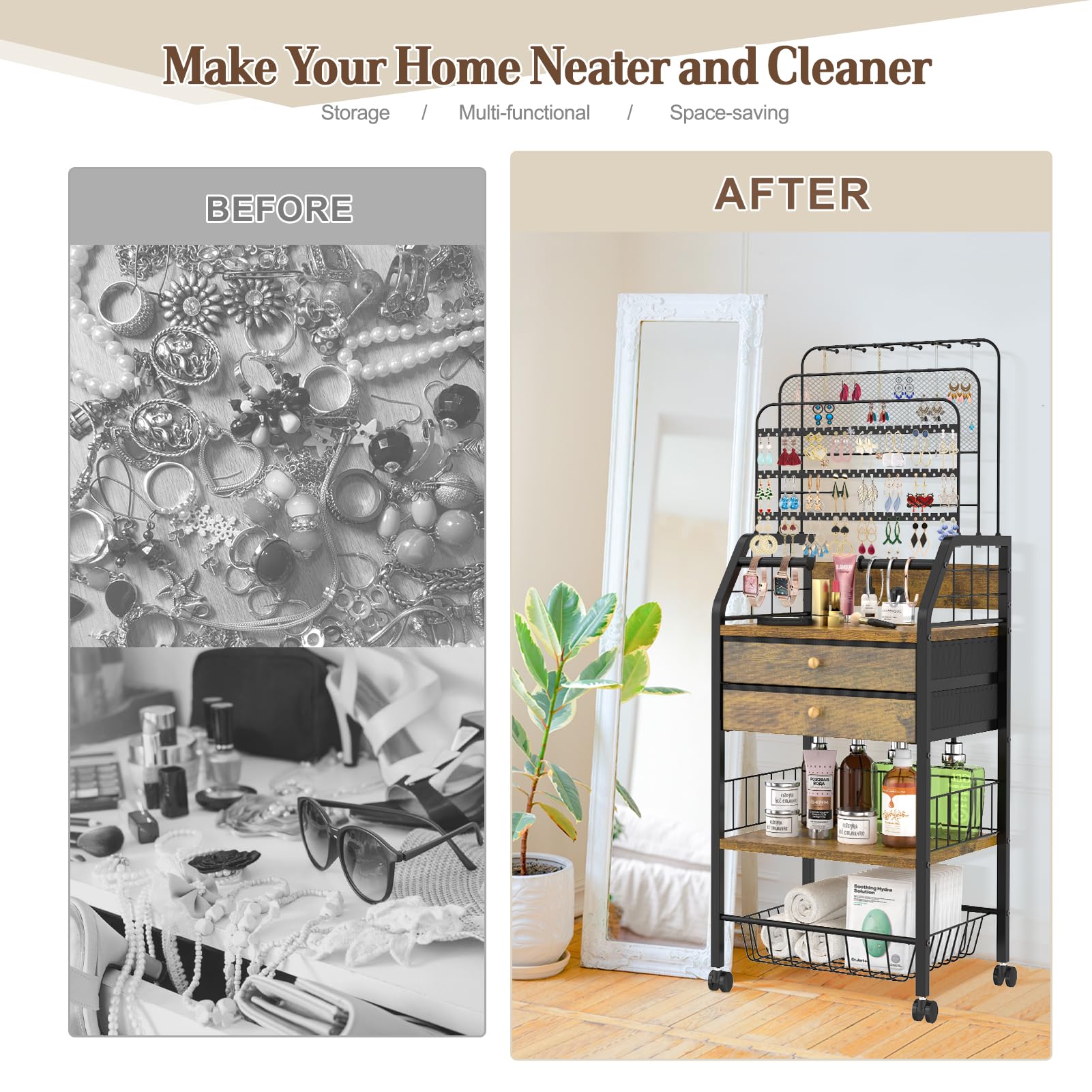 iDavosic.ly Large Jewelry Holder Organizer with 2 Box Drawer, Metal Earring Stand with 2 Storage Basket, Necklace Bracelet Ring Display Armoire, Black and Brown