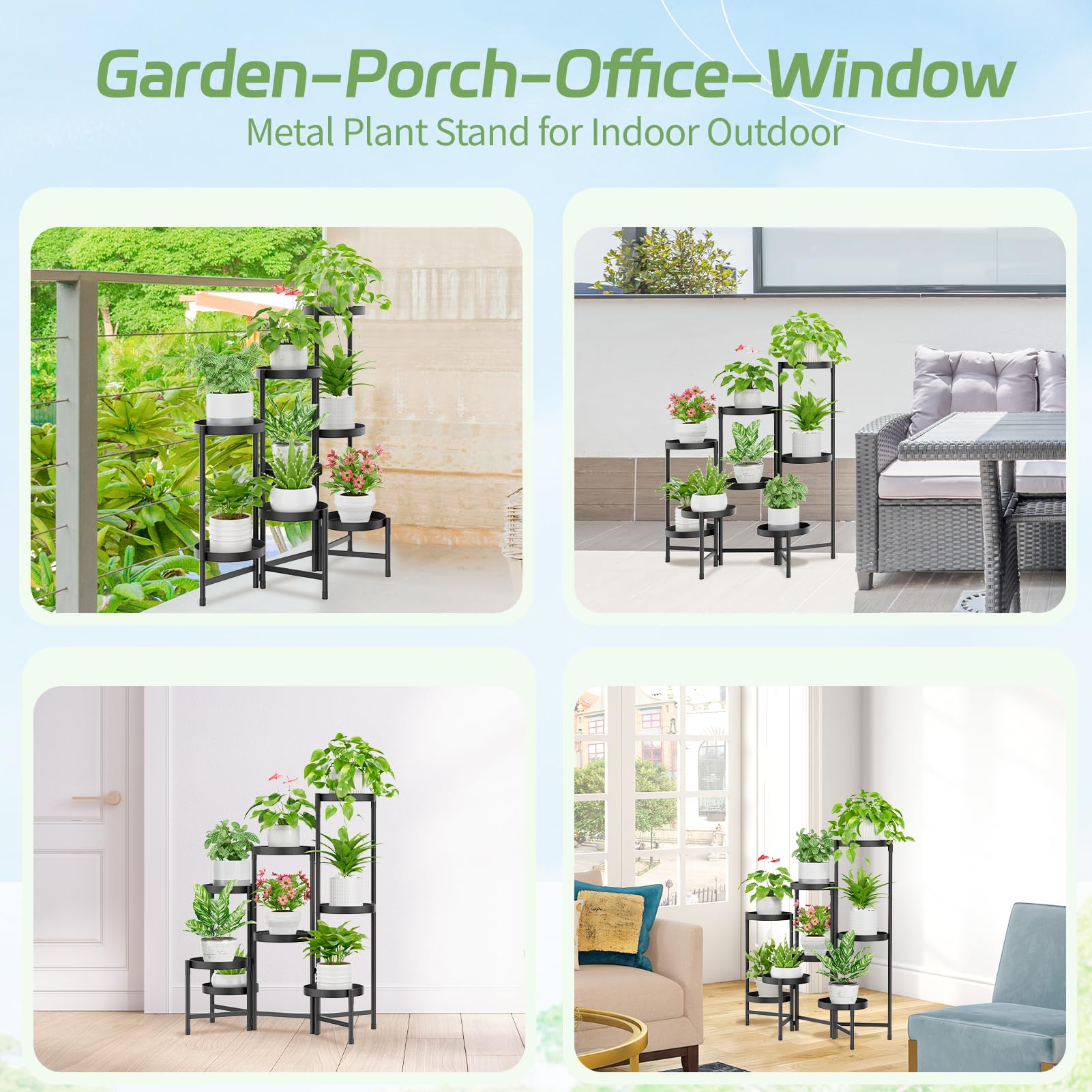 iDavosic.ly 2 Pack Black Foldable Plant Stand Indoor Outdoor, 8 Tier Corner Flower Pot Holders and 5 Layer Metal Plastic Tall Orchid Display Rack for Window Porch Garden Balcony Patio