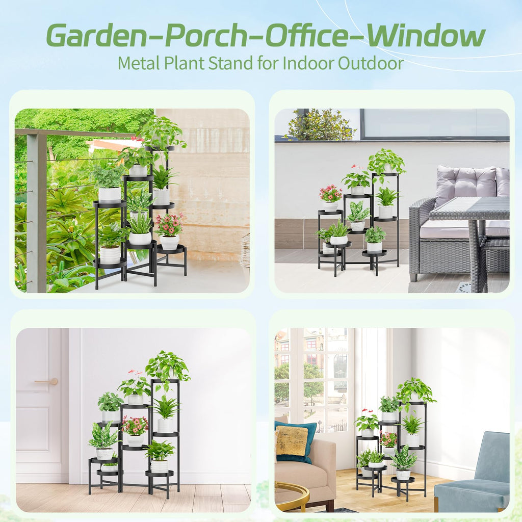 iDavosic.ly 2 Pack Black Foldable Plant Stand Indoor Outdoor, 8 Tier Corner Flower Pot Holders and 5 Layer Metal Plastic Tall Orchid Display Rack for Window Porch Garden Balcony Patio