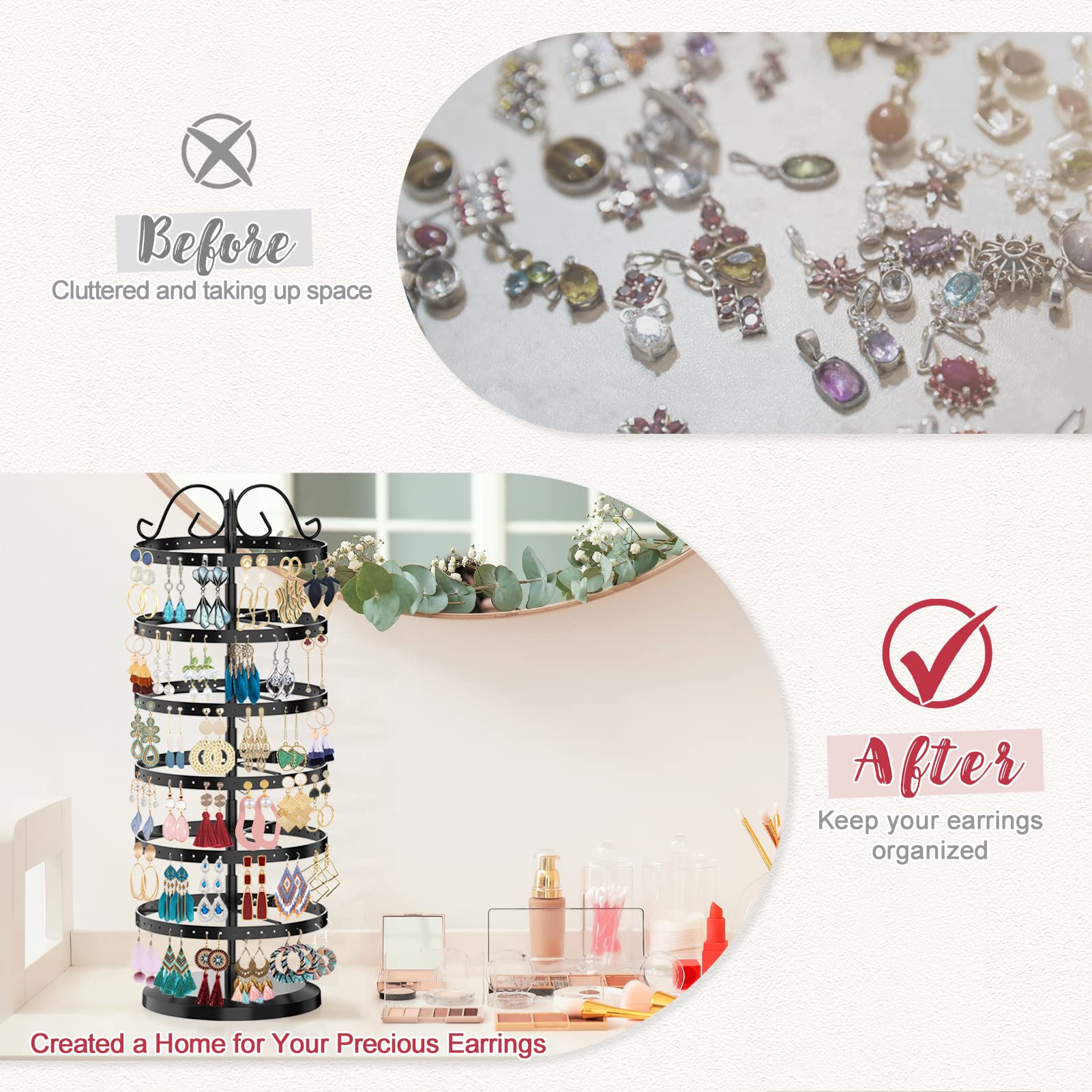 iDavosic.ly 6 Tier Metal Rotating Earring Holder Organizer and 2 Layer Adjustable Necklace Display Stand Rack, Spinning Bracelet Keychain Tree Tower for Women