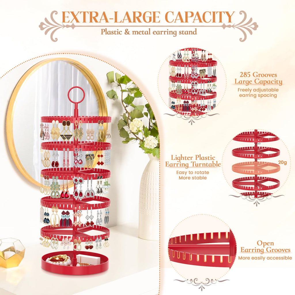 iDavosic.ly 5 Tier Rotating Earring Holder Organizer with Metal Tray, Adjustable Plastic Dangle Display Stands Tree with 285 Grooves, Large Hoop Storage Rack Tower, Red