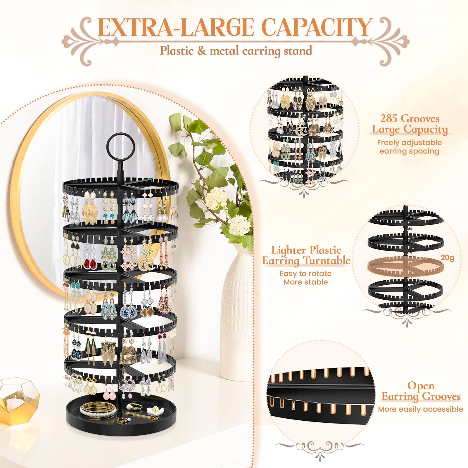 iDavosic.ly 5 Tier Rotating Earring Holder Organizer with Metal Tray, Adjustable Plastic Dangle Display Stands Tree with 285 Grooves, Large Hoop Storage Rack Tower, Black