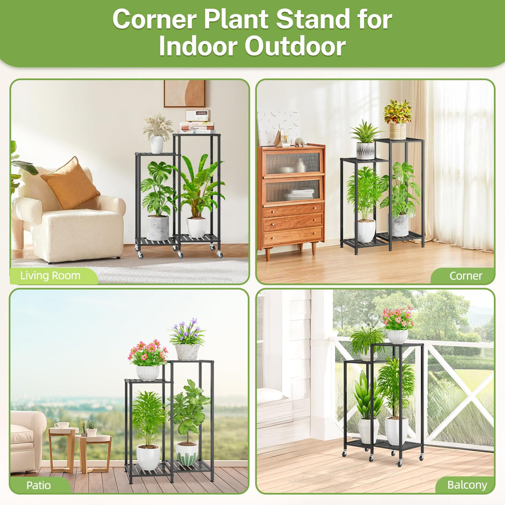 iDavosic.ly Plant Stand for Indoor Outdoor 2 Pack, 4 Tier Flower Holder Shelf with Wheels and 5 Layer Metal Plastic Tall Orchid Display Rack for Patio Porch Living Room Garden Balcony, Black