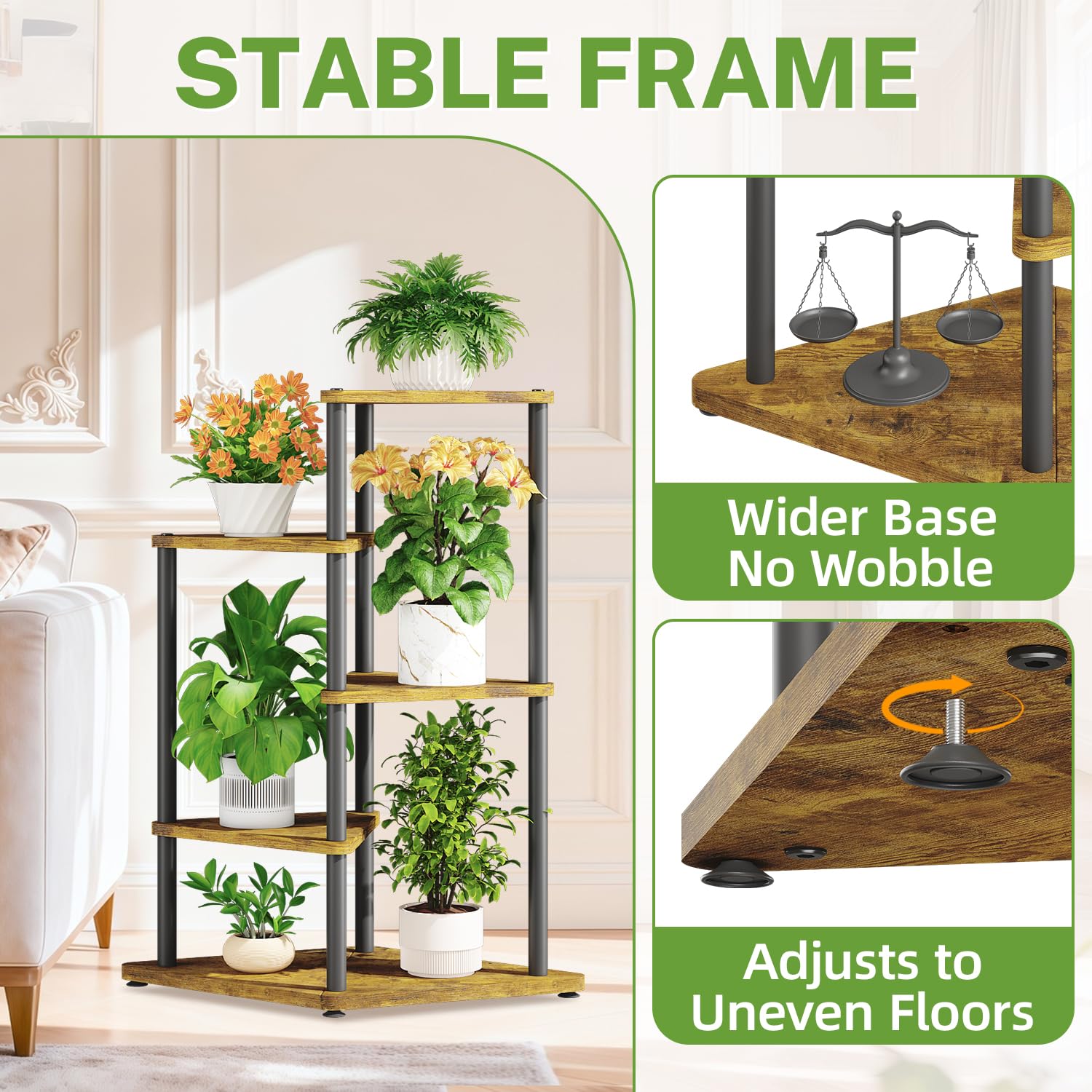 iDavosic.ly Tall Plant Stand Indoor for Large & Heavy Duty Planters, 4 Tier Corner Flower Shelf with Wooden Trays & Metal Frame, 33 Inch Orchid Rack for Living Room Balcony Porch, Black & Brown