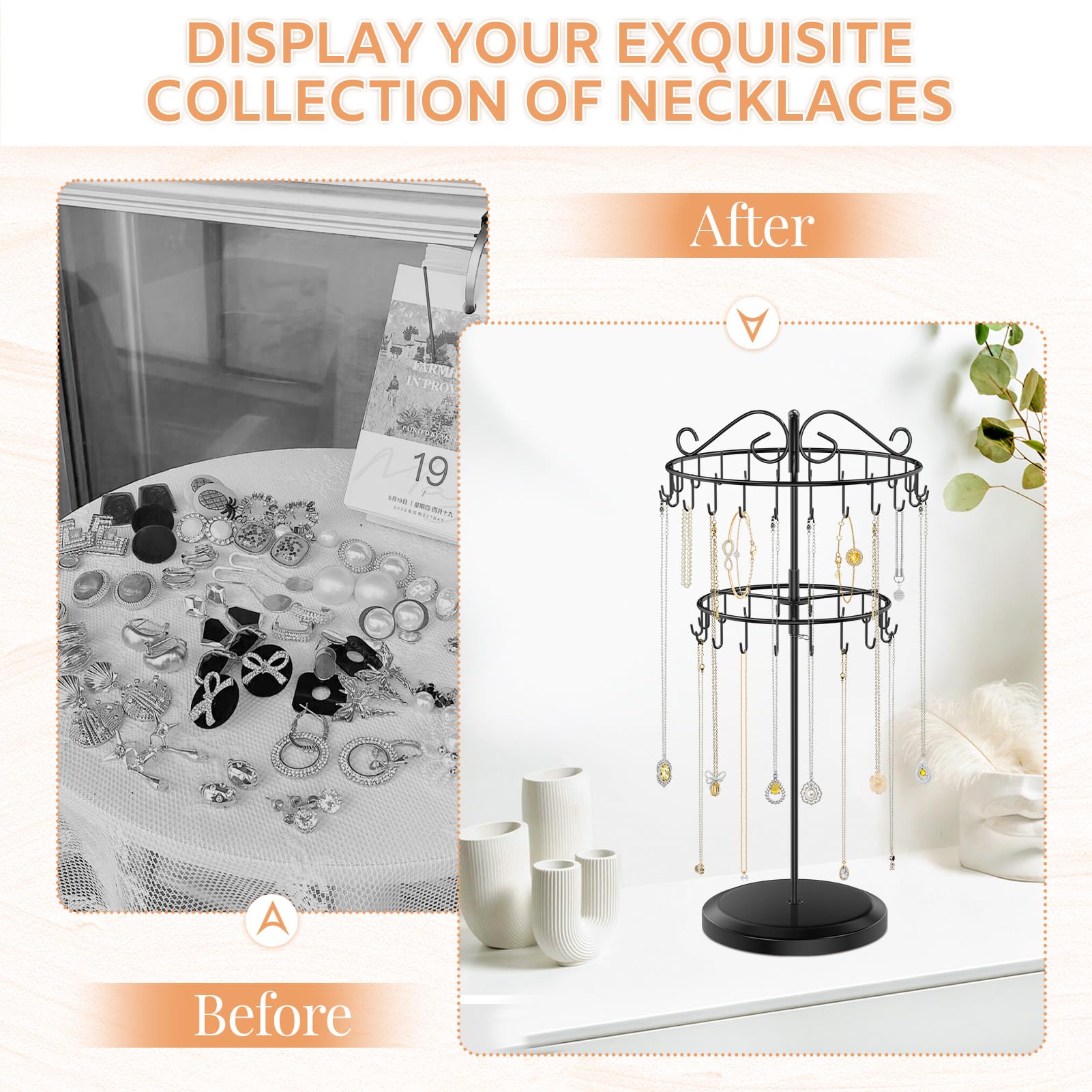 iDavosic.ly 2 Tier Rotating Necklace Holder Organizer with 42 Hooks, Adjustable Metal Bracelet Display Stand Rack, Extra Tall Keychain Spinning Tree Tower for Women, Black