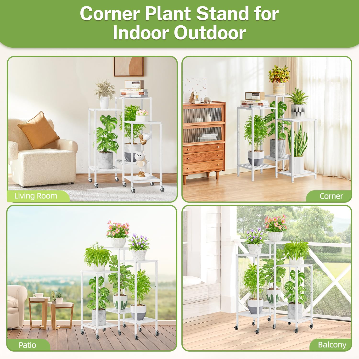 iDavosic.ly 6 Tier Plant Stand Indoor with Wheels, Metal Tiered Corner Flower Holder Shelf Outdoor for Large Pots, Tall Rolling Rack for Patio Porch Garden Balcony Living Room, White