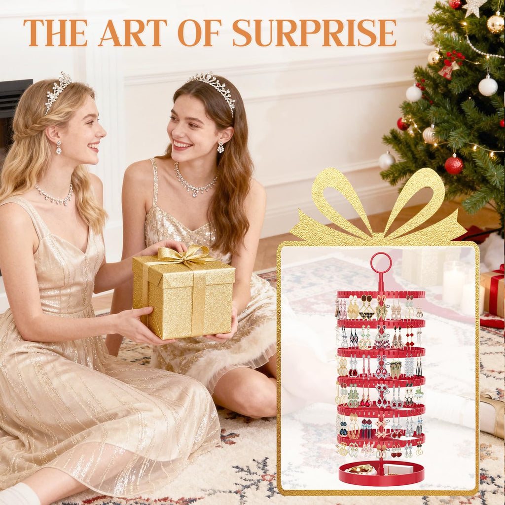 iDavosic.ly 6 Tier Rotating Earring Holder Organizer with Metal Tray, Adjustable Plastic Dangle Display Stands Tree with 342 Grooves, Large Hoop Storage Rack Tower, Red