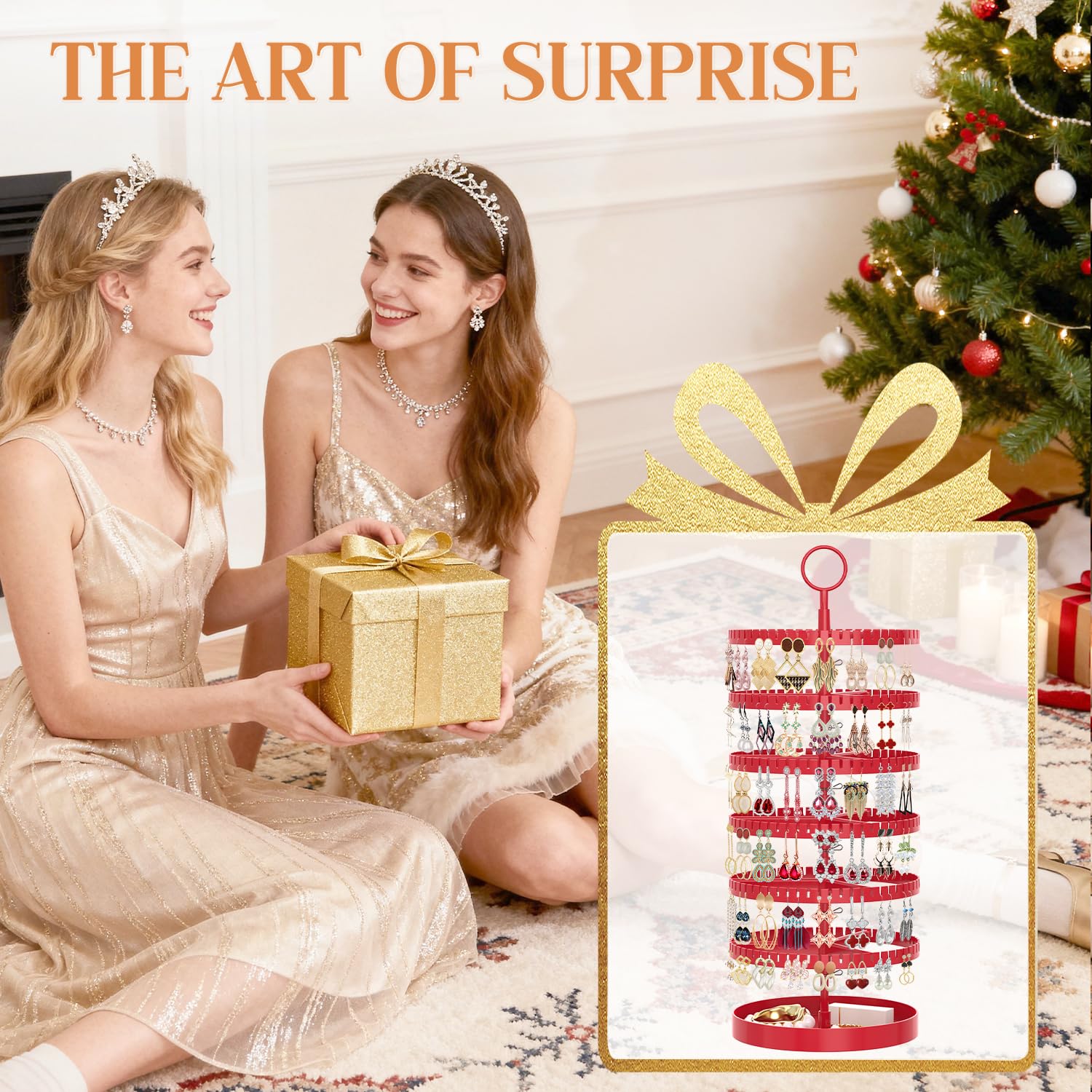 iDavosic.ly 6 Tier Rotating Earring Holder Organizer with Metal Tray, Adjustable Plastic Dangle Display Stands Tree with 342 Grooves, Large Hoop Storage Rack Tower, Red